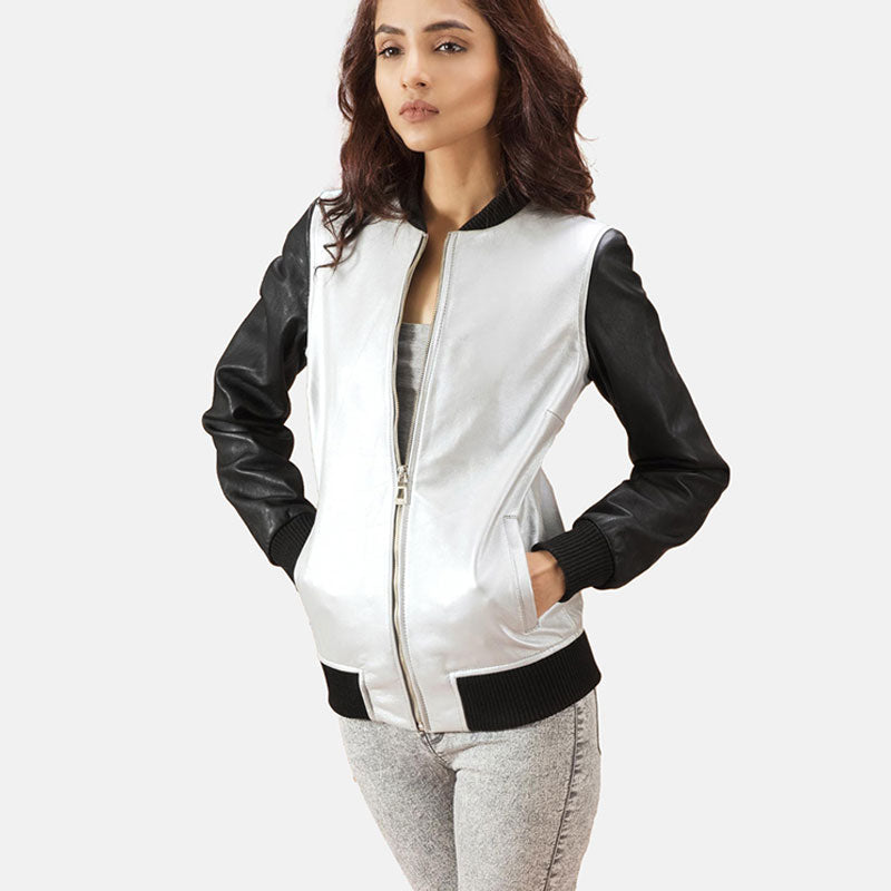 Women’s Cole Silver Leather Bomber Jacket - The Metallic Statement | Full Grain Apparel