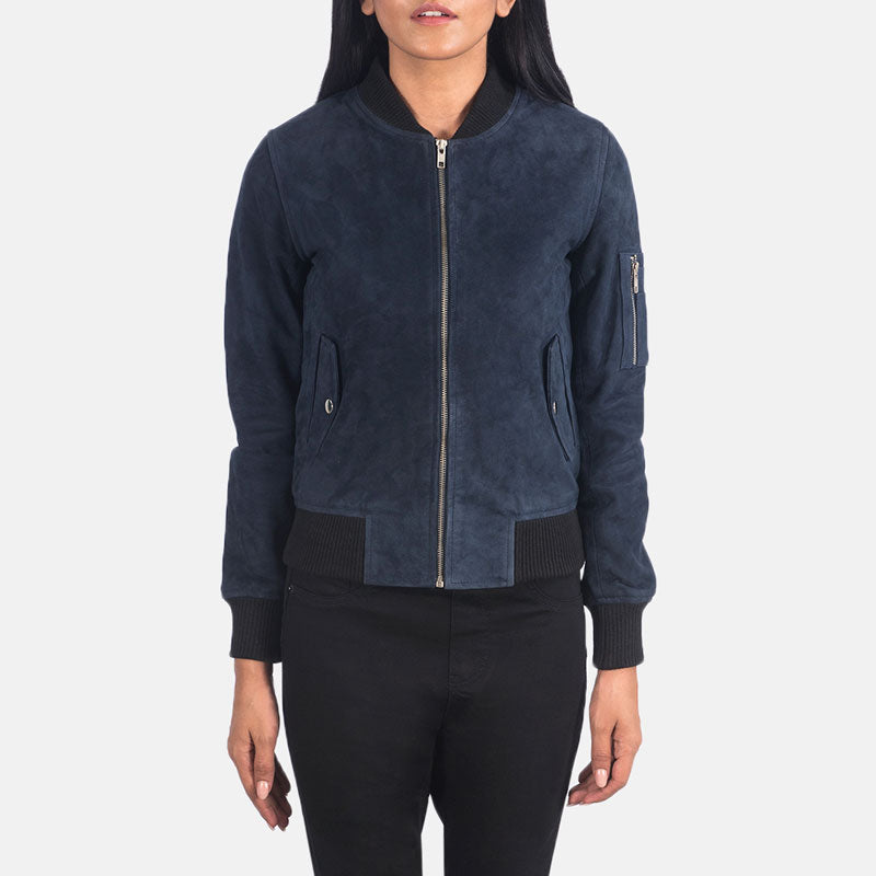 Women’s Ava MA-1 Blue Suede Bomber Jacket - The Modern Tactical Luxe | Full Grain Apparel