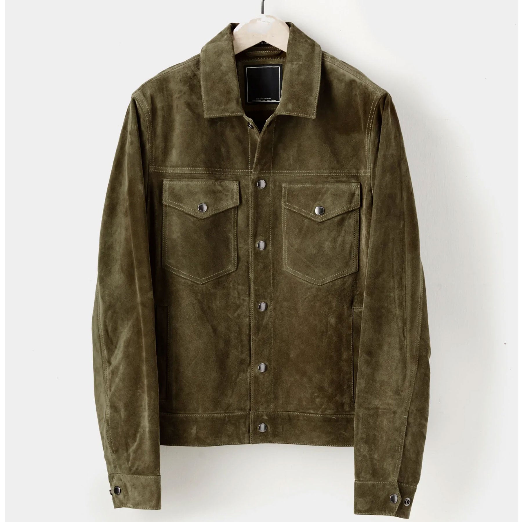 Men’s "Everglade" Suede Leather Shirt Jacket | Olive Green Premium Goat Suede | Jeans-Style Trucker | Full Grain Apparel