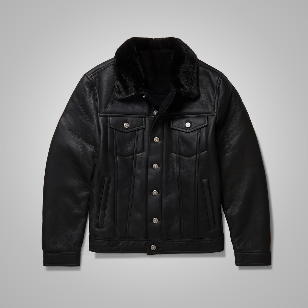 Men’s "Midnight-Interceptor" B3 Trucker | Black Premium Real Sheepskin | Shearling-Lined Hybrid Flying Jacket | Full Grain Apparel