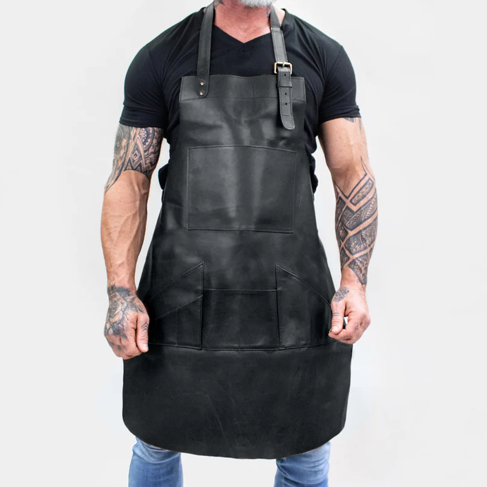 Men’s "Titan-Stealth" Multi-Pocket Apron | Black Handmade Premium Leather | Professional Grade Utility Workshop Apron | Full Grain Apparel