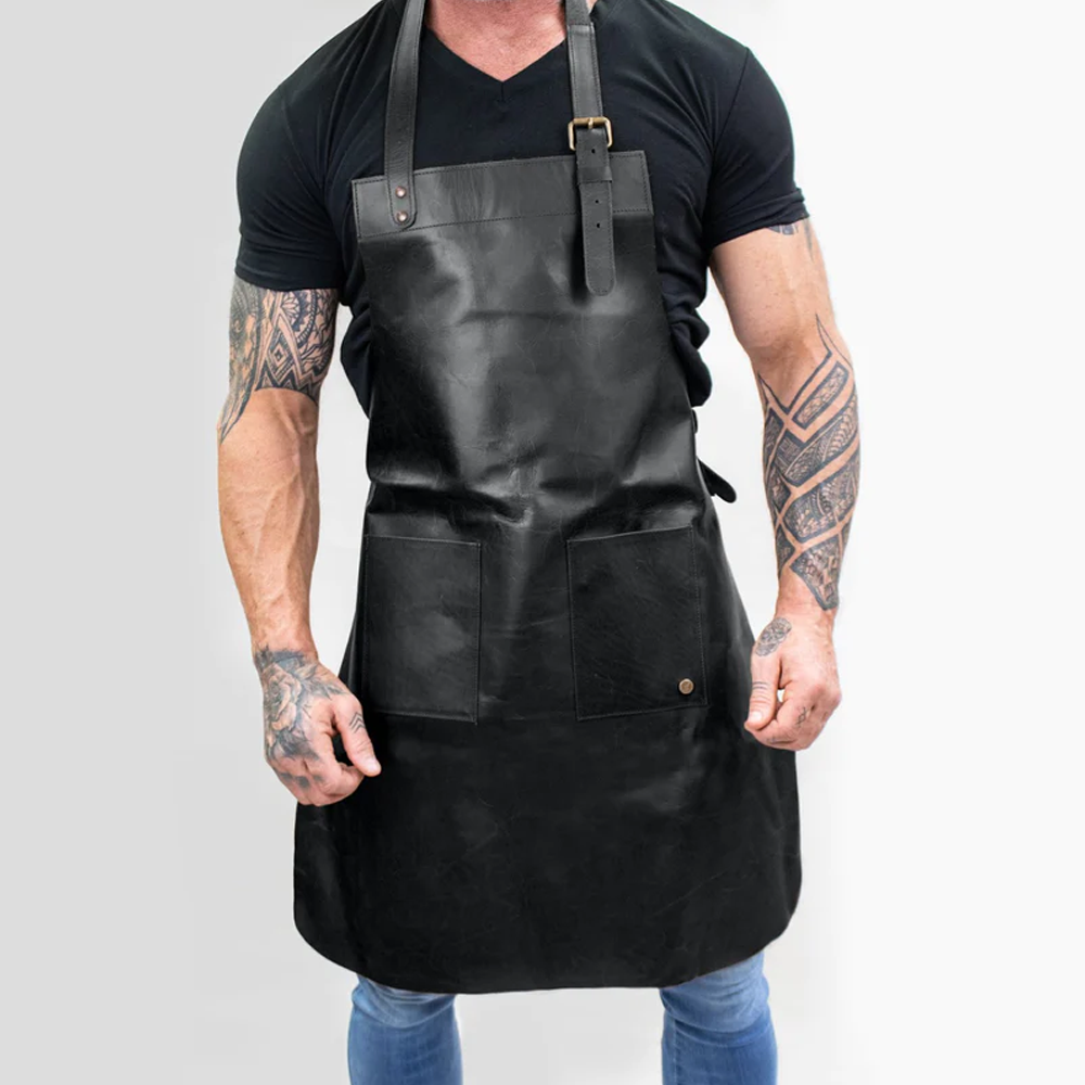 Men’s "Shadow-Artisan" Duo-Pocket Apron | Black Handmade Sheepskin | Professional Lightweight Leather Utility Apron | Full Grain Apparel