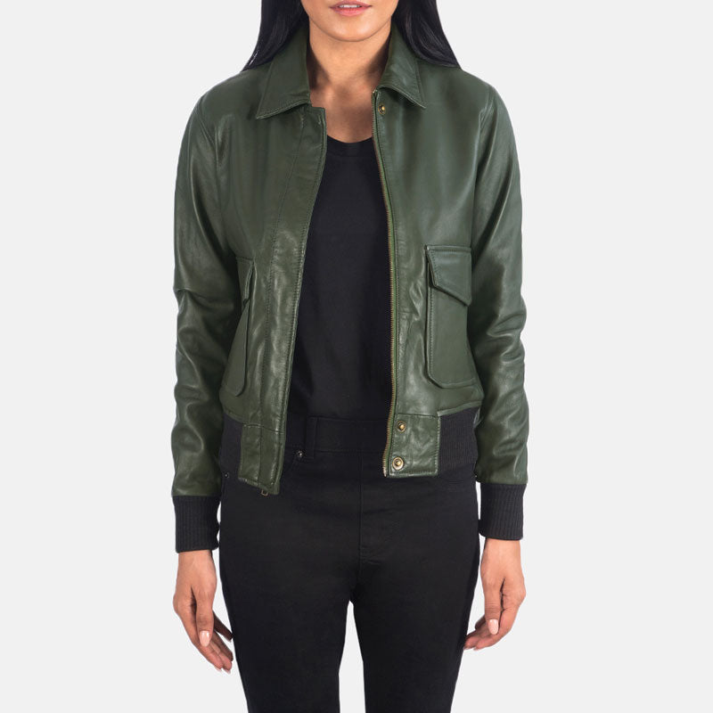 Women’s Westa A-2 Green Leather Bomber Jacket - The Heritage Forest Edition | Full Grain Apparel