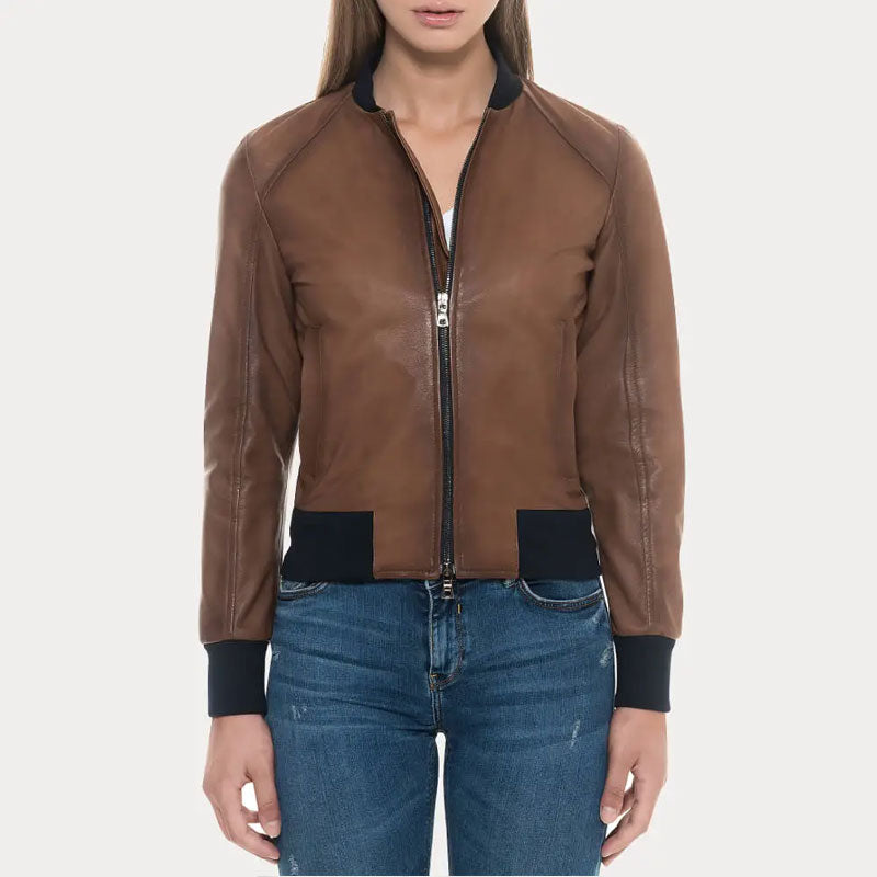 Women’s Sugar Brown Lambskin Soft Leather Bomber Jacket - The Sweet Suede Edition | Full Grain Apparel