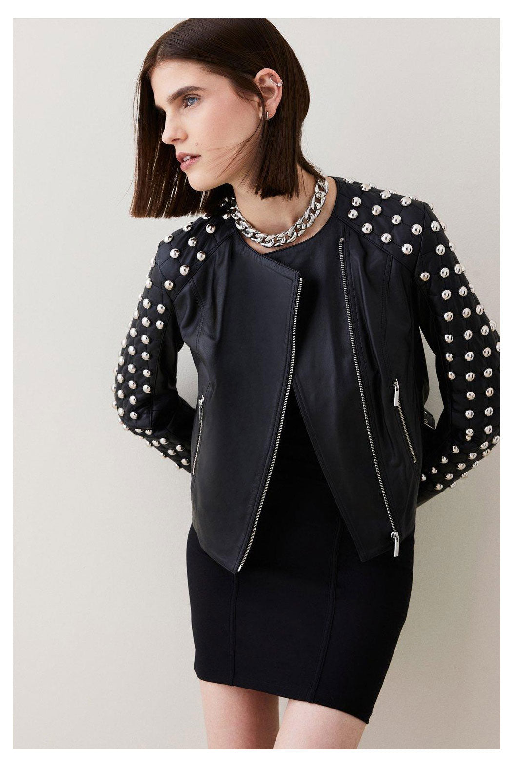 Women’s "Midnight Havoc" Biker | Premium Black Lambskin | Hand-Set Silver Spikes & Industrial Studded Leather | Full Grain Apparel