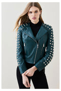 Women’s "Midnight Nomad" Retro Moto | Premium Distressed Black Lambskin | Hand-Set Silver Spikes & Vintage Studs | Full Grain Apparel