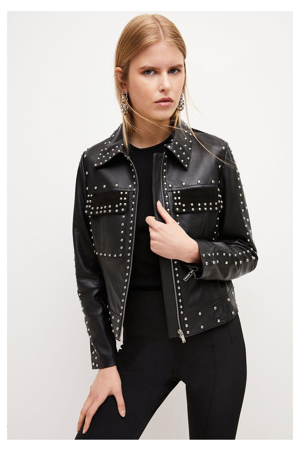 Women’s "Titanium Noir" Biker | Premium Black Lambskin | Hand-Set Silver Spikes & Pyramid Studded Armor | Full Grain Apparel