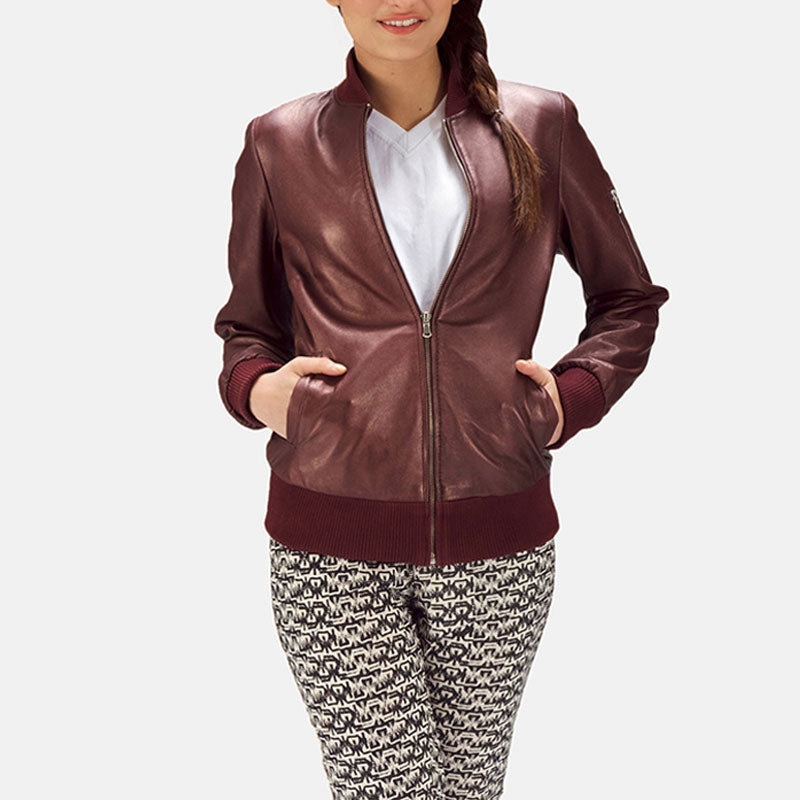 Women’s Reida Maroon Leather Bomber Jacket – The Bold Burgundy Essential | Full Grain Apparel