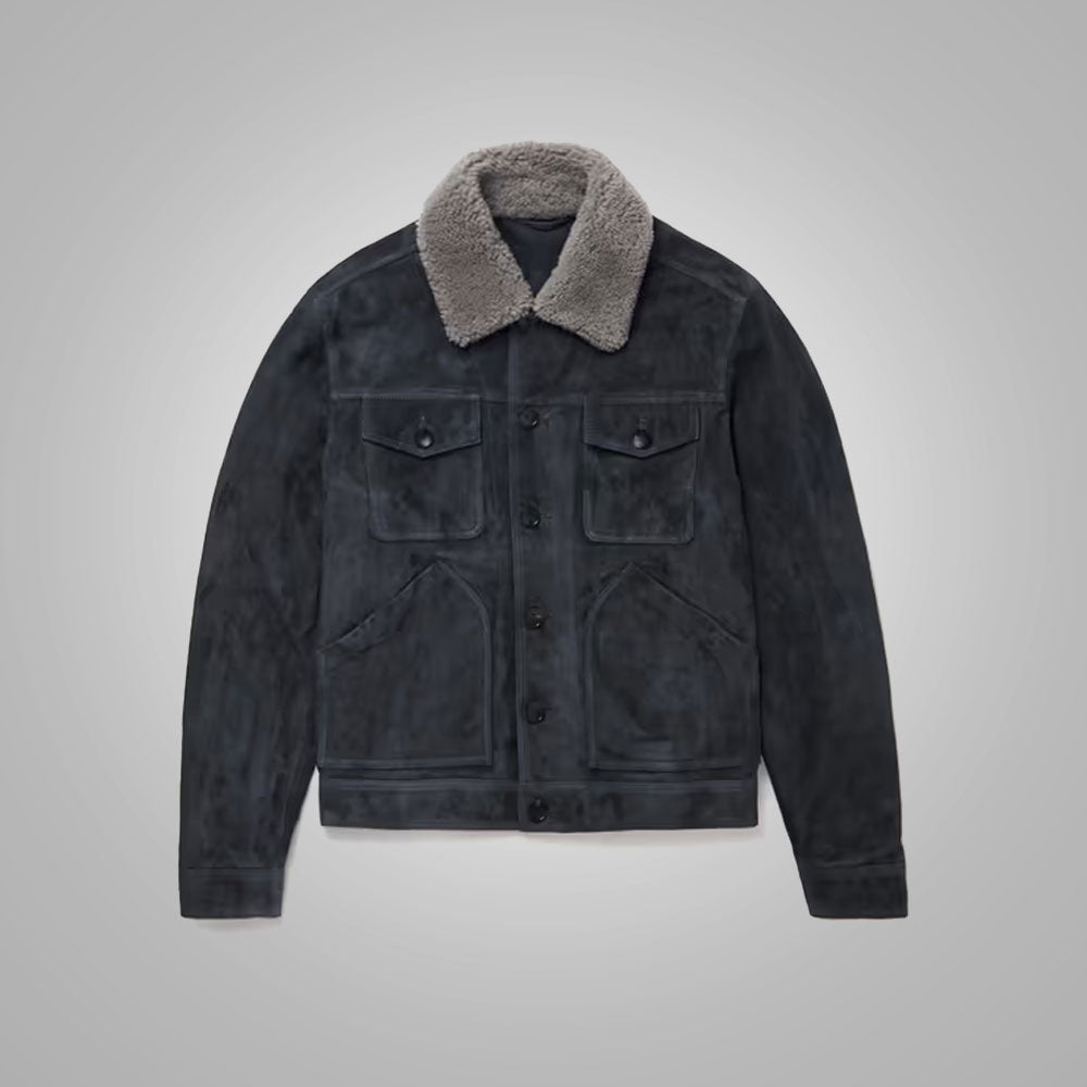 Men’s "Nordic Navy" Suede Trucker | Premium Navy Blue Goatskin Suede | Genuine Leather Jacket with Removable Fur Collar | Full Grain Apparel