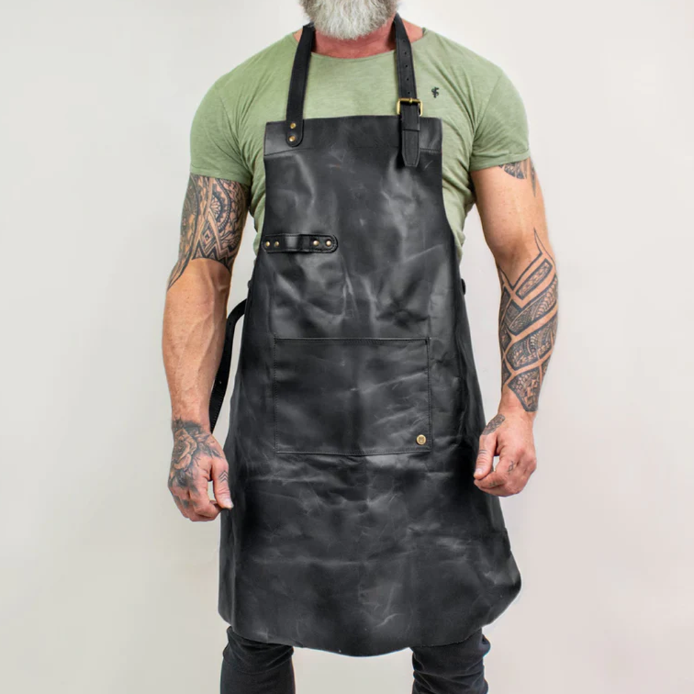 Men’s "Forge-Master" Longline Apron | Black Handmade Sheepskin | Professional Grade Leather Utility Apron | Full Grain Apparel