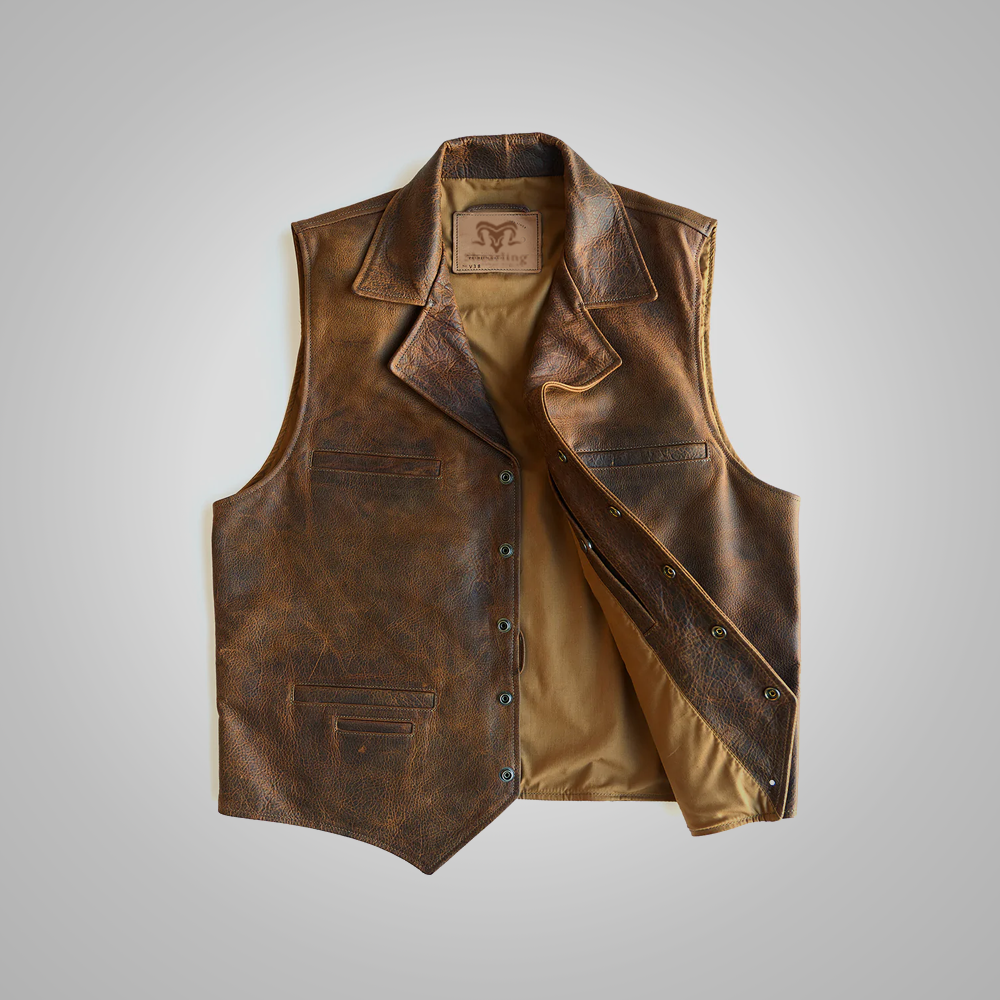 Men’s "High Sierra" Sheepskin Vest | Premium Brown Grain Leather | Authentic Western Cowboy Waistcoat | Full Grain Apparel