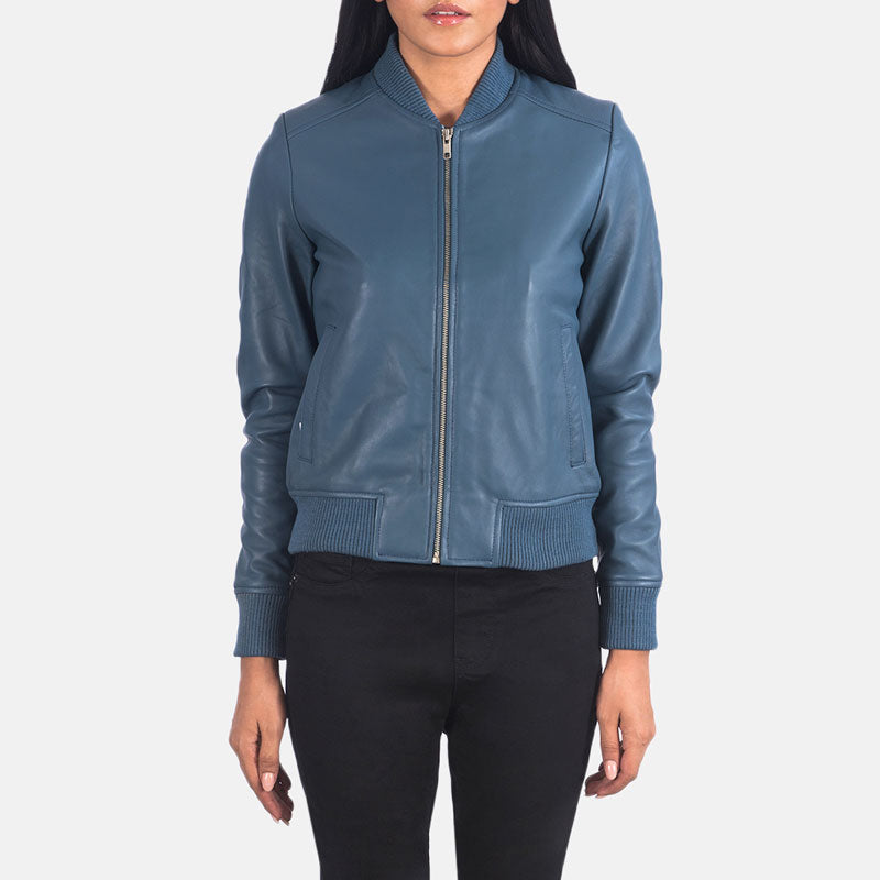 Women’s Bliss Blue Leather Bomber Jacket - The Serene Sky Edition | Full Grain Apparel
