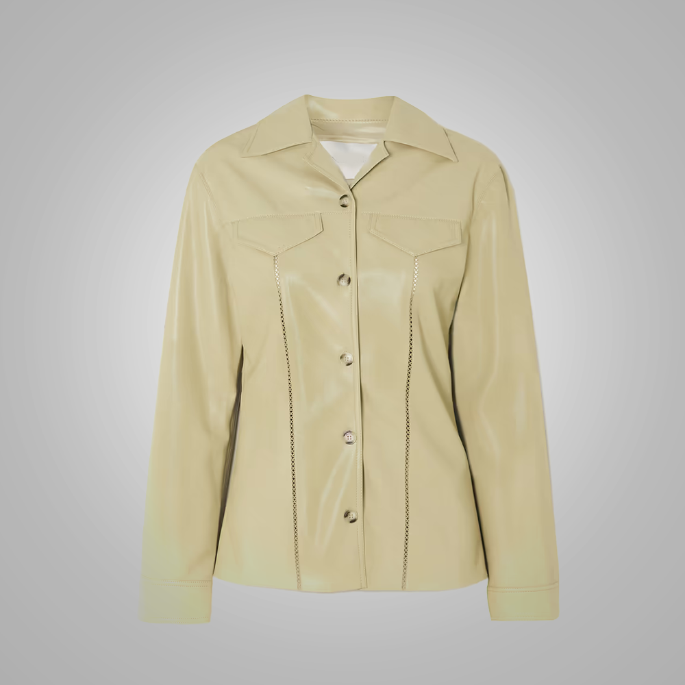 Women’s "Safari Minimalist" Shirt | Premium Khaki Napa Leather | Smooth-Surface Simple Button Closure | Full Grain Apparel