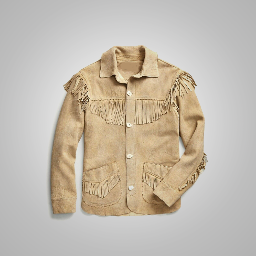 Men’s "Sacred Mesa" Western Jacket | Premium Tan-Brown Suede | Hand-Beaded & Fringed Native Heritage Coat | Full Grain Apparel