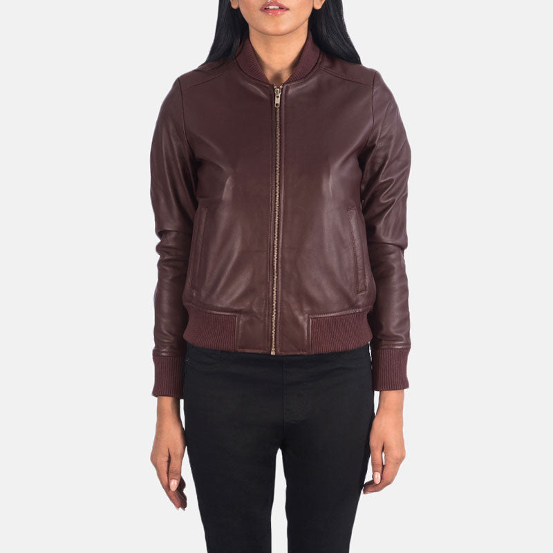 Women’s Bliss Maroon Leather Bomber Jacket - The Radiant Comfort Edition | Full Grain Apparel