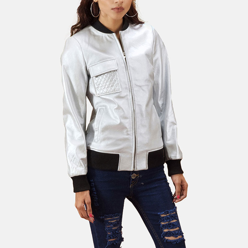 Women’s Lana Silver Leather Bomber Jacket - The Liquid Chrome Edition | Full Grain Apparel