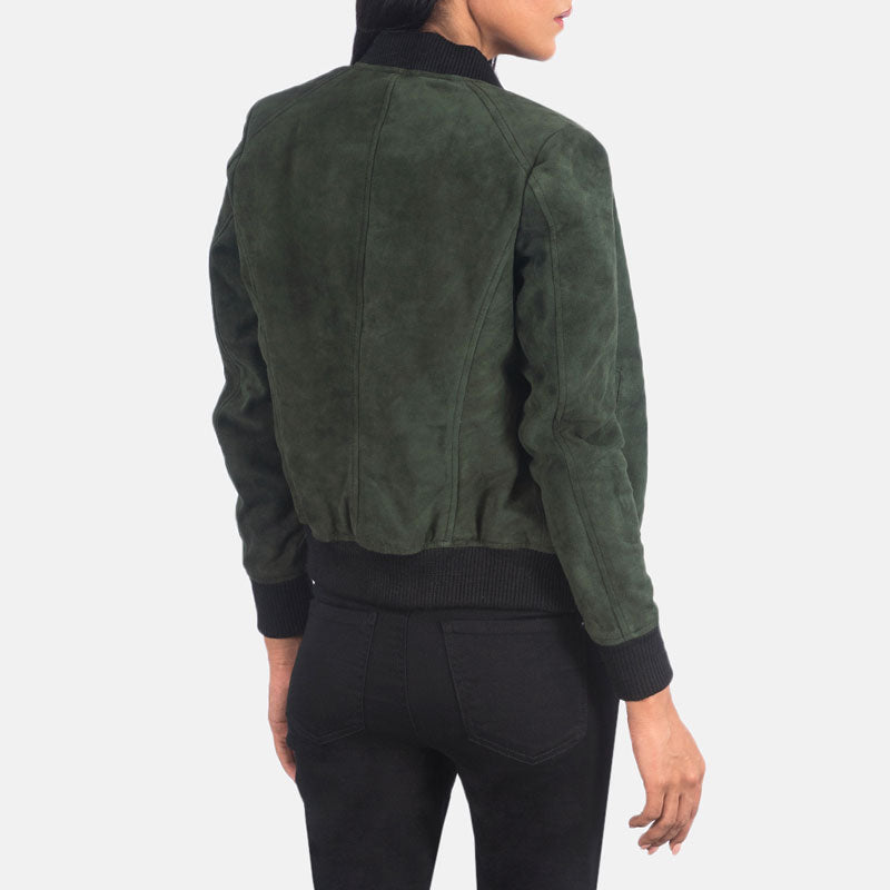 Women’s Bliss Green Suede Bomber Jacket - The Velvet Forest Edition | Full Grain Apparel