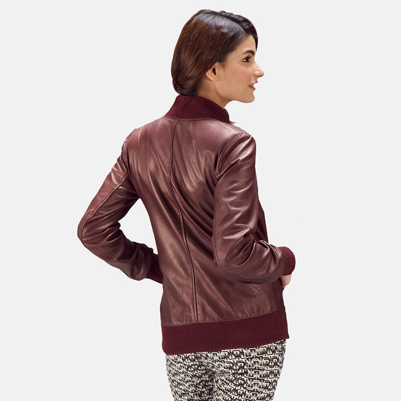Women’s Reida Maroon Leather Bomber Jacket – The Bold Burgundy Essential | Full Grain Apparel