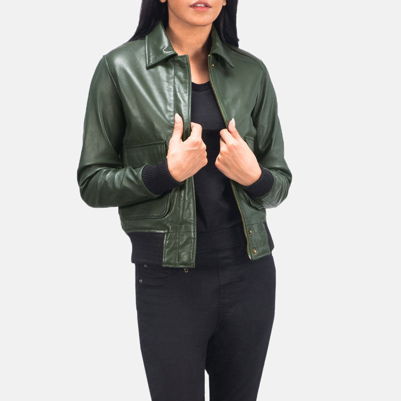 Women’s Westa A-2 Green Leather Bomber Jacket - The Heritage Forest Edition | Full Grain Apparel