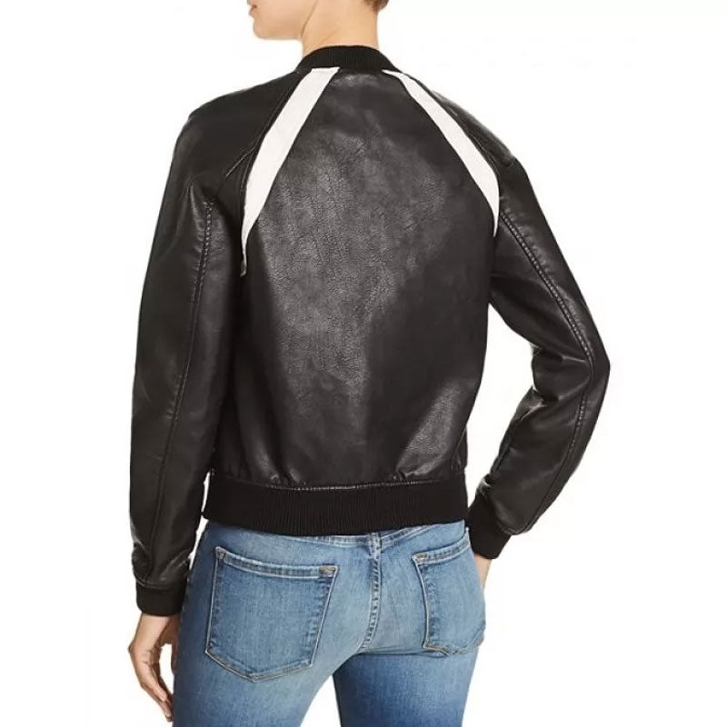 Women’s Casual Baseball Collar Black Leather Bomber Jacket - The Varsity Essential | Full Grain Apparel
