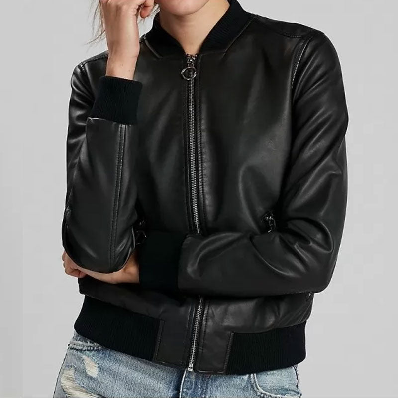 Women’s Classic Pure Lambskin Black Leather Bomber Jacket - The Timeless Essential | Full Grain Apparel
