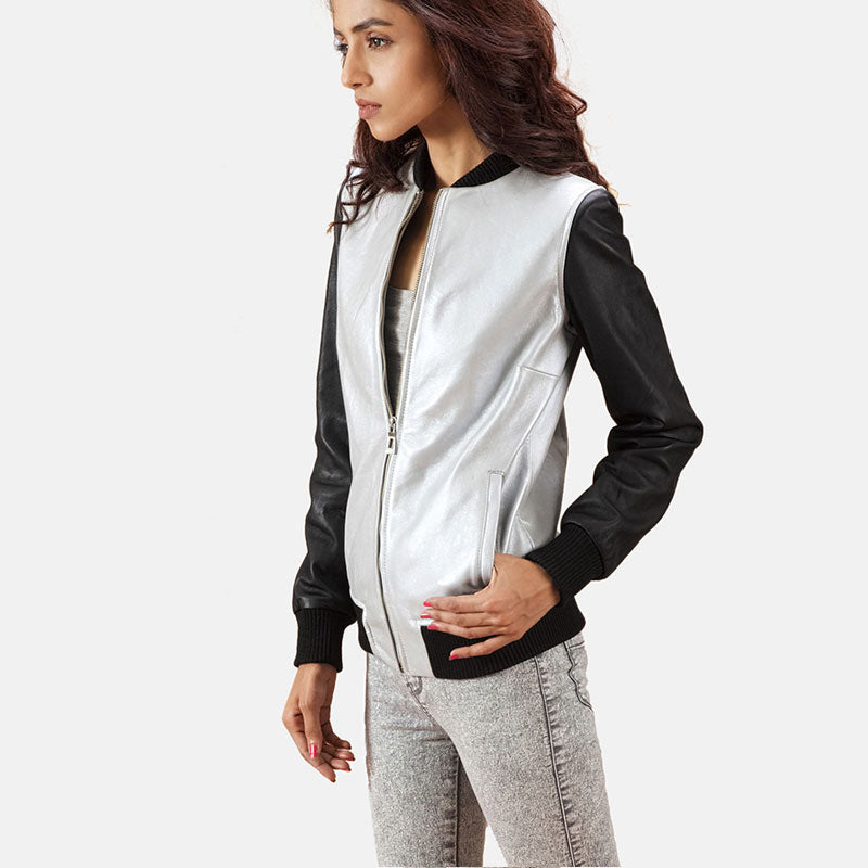 Women’s Cole Silver Leather Bomber Jacket - The Metallic Statement | Full Grain Apparel