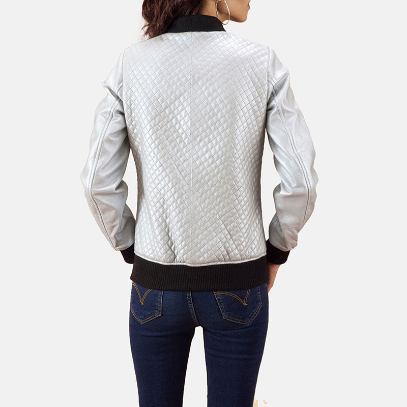 Women’s Lana Silver Leather Bomber Jacket - The Liquid Chrome Edition | Full Grain Apparel
