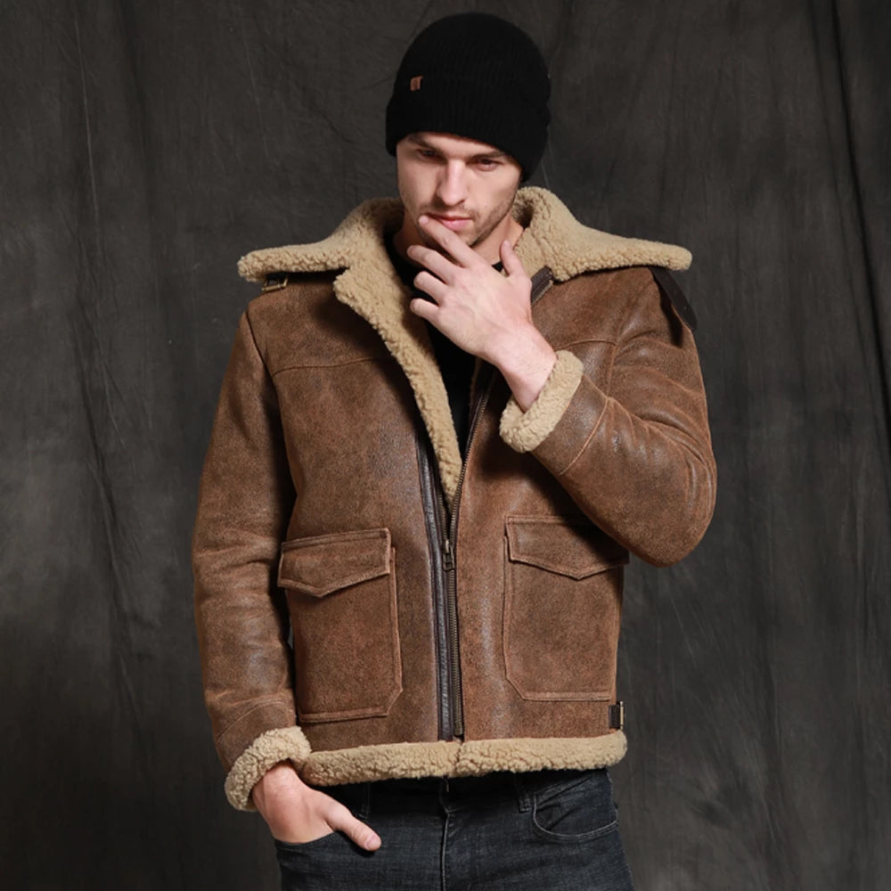 Men’s Brown Short Sheepskin Fur Shearling Leather Jacket - The Modern Minimalist | Full Grain Apparel