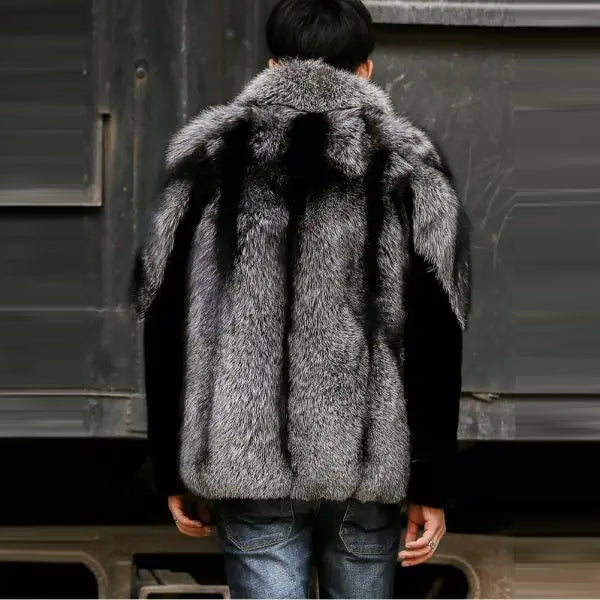 Chaqueta de Invierno Gris de Piel de Cordero para Hombre con Pelo de Zorro y Ribete de Visón | Ropa de Piel de Grano Completo