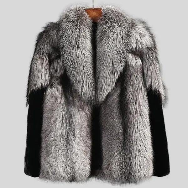 Chaqueta de Invierno Gris de Piel de Cordero para Hombre con Pelo de Zorro y Ribete de Visón | Ropa de Piel de Grano Completo