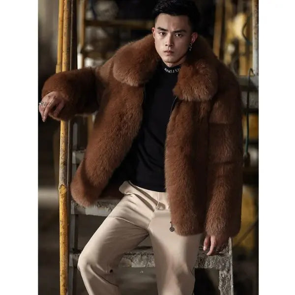 Chaqueta de invierno de piel de zorro negra corta para hombre | Prendas de piel de grano completo
