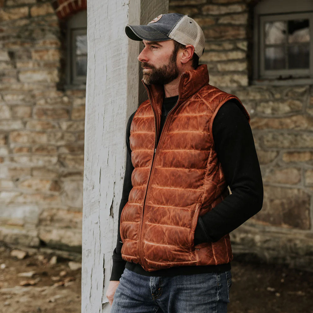 Chaleco Híbrido "Apex Frontier" para Hombre | Piel de Burbuja Marrón de Primera Calidad | Cuello de Piel de Cordero Genuina y Aislamiento de Plumón de 700 Cuins | Prenda de Piel Plena