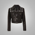 Women’s "Midnight Rebel" Cropped Shearling | Premium Black Textured Leather | Studded Punk-Chic Jacket with Natural Fur Trim | Full Grain Apparel