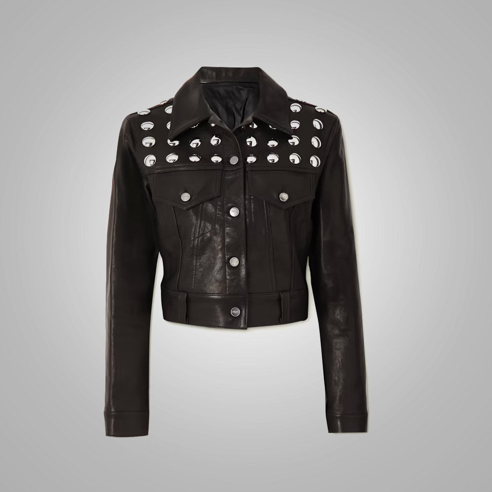 Women’s "Midnight Rebel" Cropped Shearling | Premium Black Textured Leather | Studded Punk-Chic Jacket with Natural Fur Trim | Full Grain Apparel