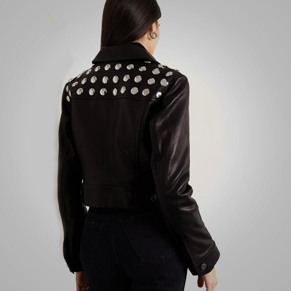 Women’s "Midnight Rebel" Cropped Shearling | Premium Black Textured Leather | Studded Punk-Chic Jacket with Natural Fur Trim | Full Grain Apparel
