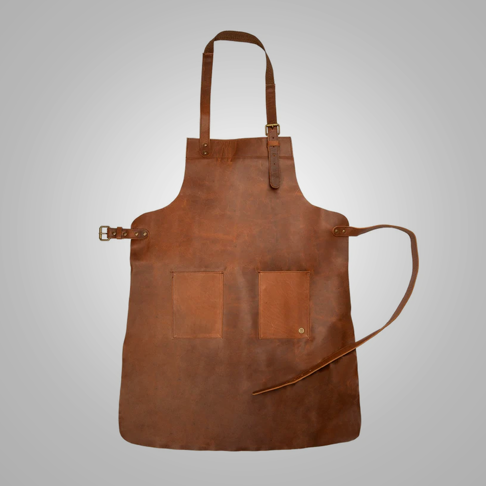 Delantal de taller "Artisan-Duo" para hombres | Piel de oveja marrón Heritage | Delantal utilitario profesional de cuero con doble bolsillo | Prenda de cuero de plena flor