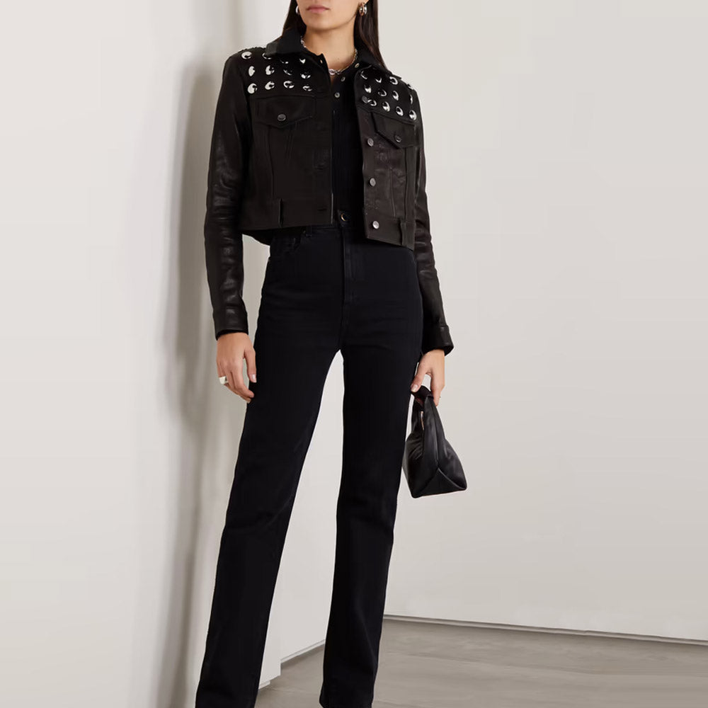 Women’s "Midnight Rebel" Cropped Shearling | Premium Black Textured Leather | Studded Punk-Chic Jacket with Natural Fur Trim | Full Grain Apparel