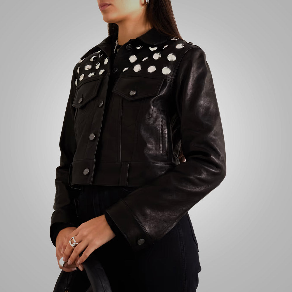Women’s "Midnight Rebel" Cropped Shearling | Premium Black Textured Leather | Studded Punk-Chic Jacket with Natural Fur Trim | Full Grain Apparel