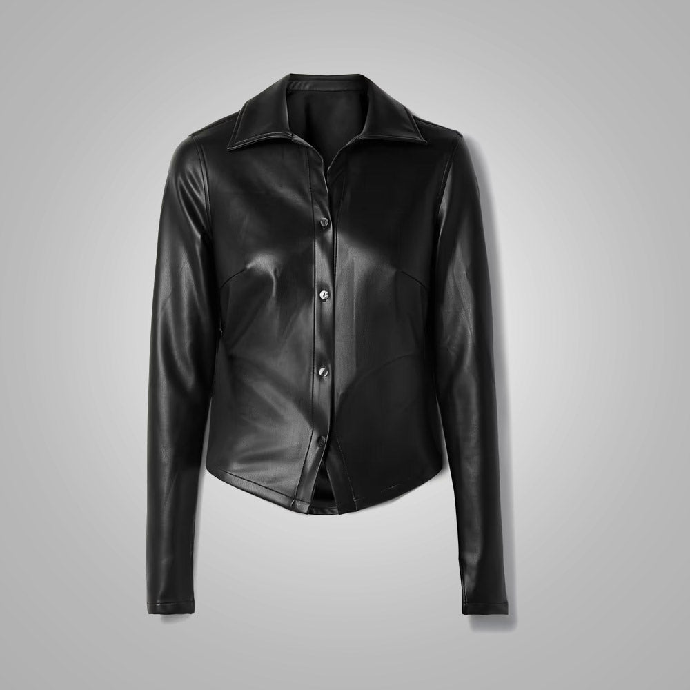 Women’s "Second-Skin" Leather Shirt | Premium Black Napa Sheepskin | Smooth-Sleeve Slim Fit Button-Down | Full Grain Apparel