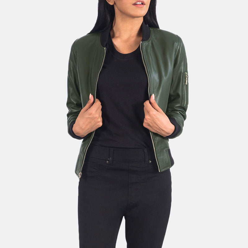 Women’s Ava MA-1 Green Leather Bomber Jacket - The Modern Aviator | Full Grain Apparel