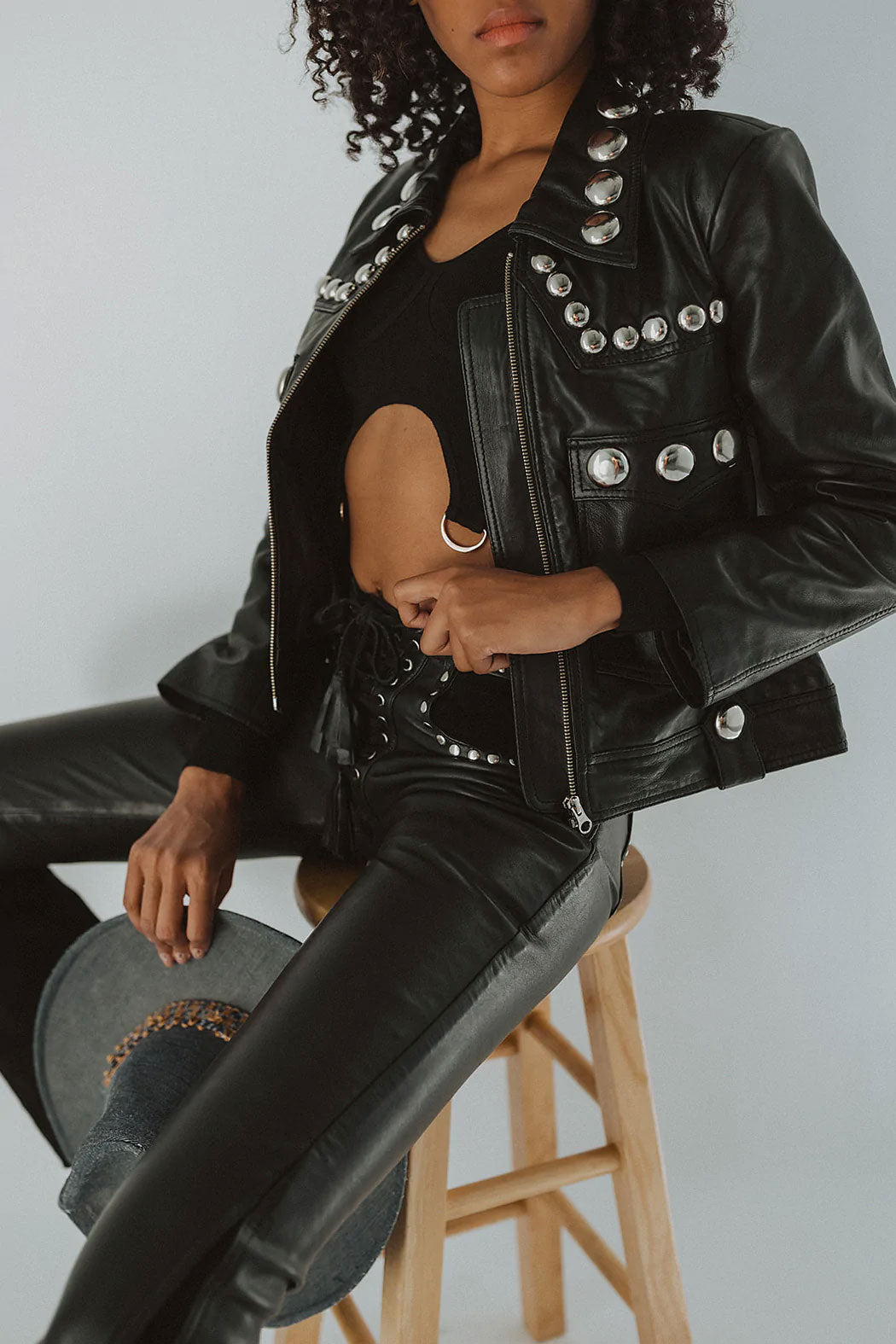 Women’s "Voltage Noir" Punk Biker | Premium Black Lambskin | Hand-Set Silver Spikes & Pyramid Studs | Full Grain Apparel
