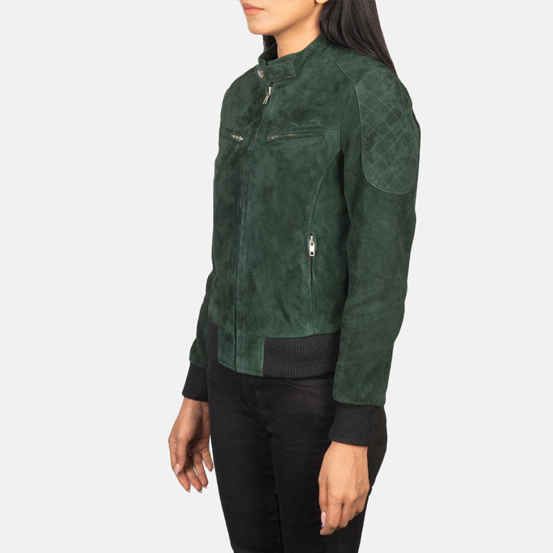 Women’s Zenna Green Suede Bomber Jacket - The Minimalist Forest Edition | Full Grain Apparel