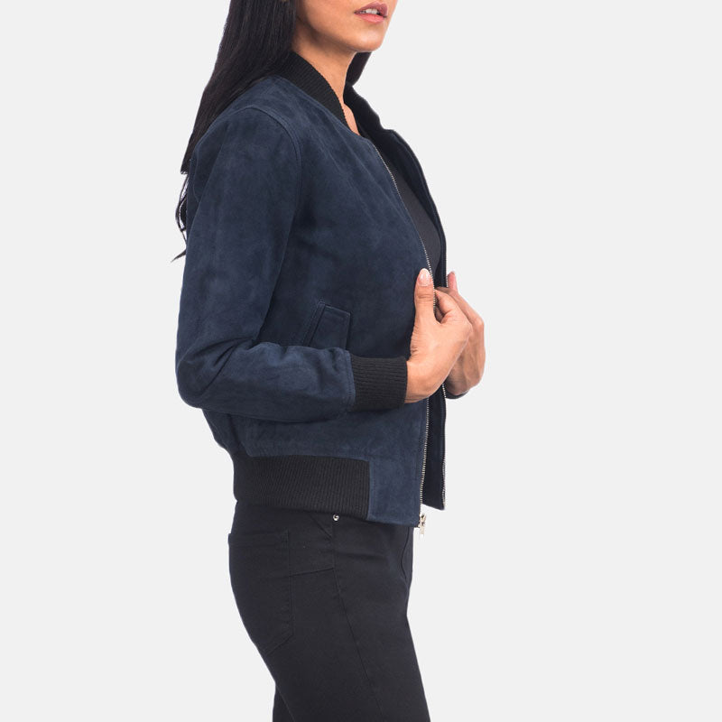 Women’s Ava MA-1 Blue Suede Bomber Jacket - The Modern Tactical Luxe | Full Grain Apparel
