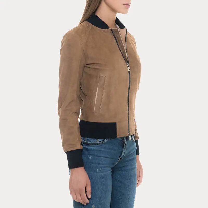 Women’s Tan Suede Bomber Jacket - The Sand & Shadow Edition | Full Grain Apparel