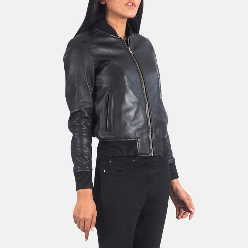 Women’s Bliss Black Leather Bomber Jacket - The Pure Serenity Edition | Full Grain Apparel