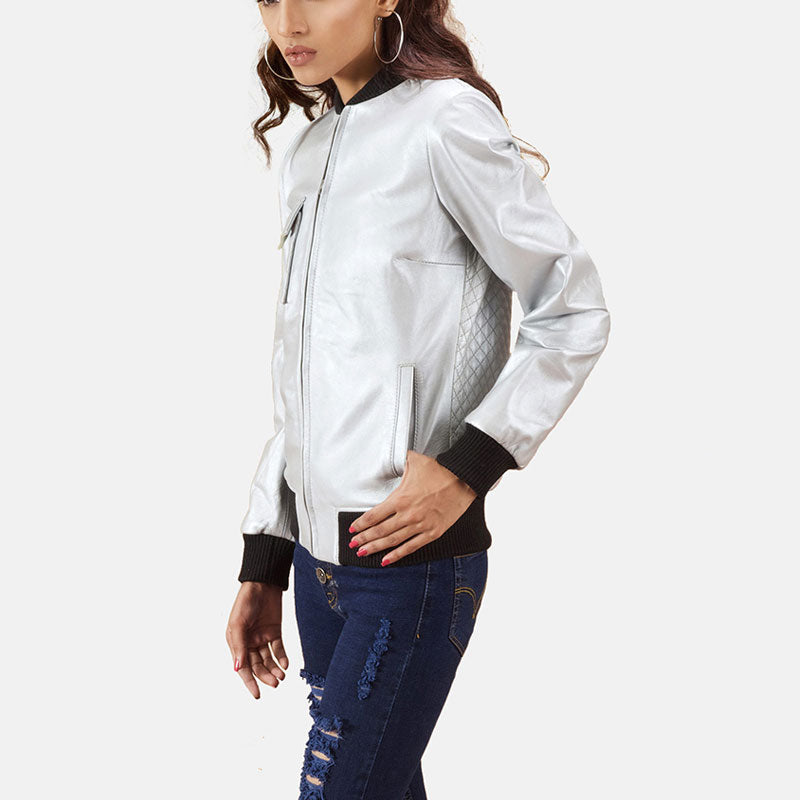 Women’s Lana Silver Leather Bomber Jacket - The Liquid Chrome Edition | Full Grain Apparel