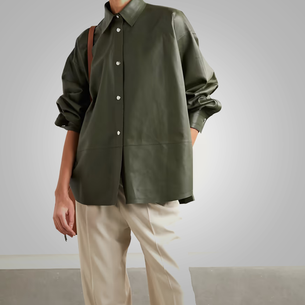 Women’s "Emerald-Smart" Leather Shirt | Premium Forest Green Sheepskin | Structured Collar & Ultra-Soft Tailored Finish | Full Grain Apparel