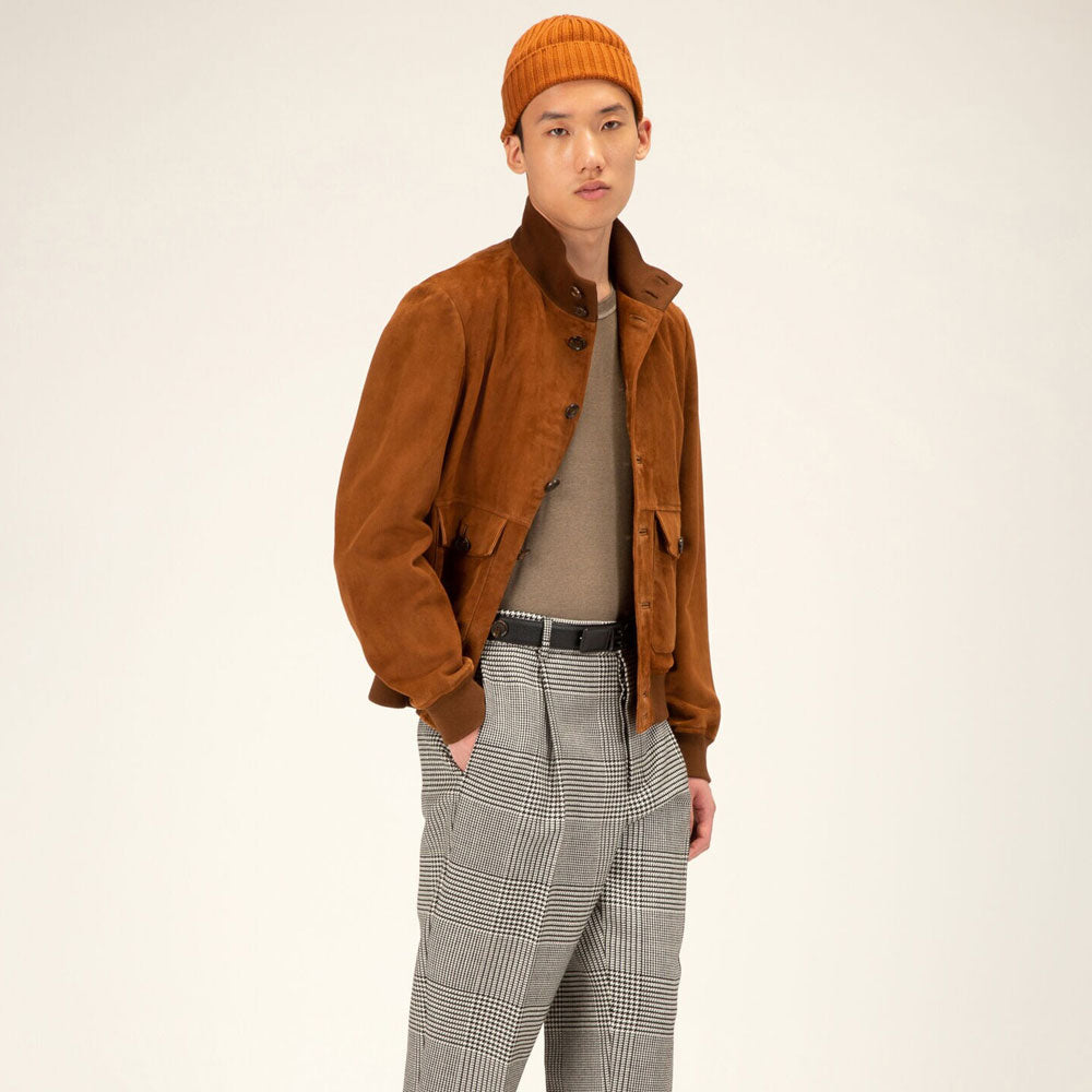Men’s Brown Suede Leather Bomber Jacket - Heritage Tan Edition | Full Grain Apparel
