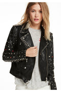 Women’s "Shadow Strike" Moto Jacket | Premium Black Lambskin | Hand-Set Silver Spikes & Studded Biker | Full Grain Apparel