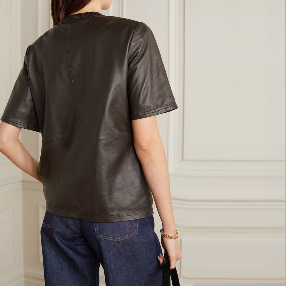 Women’s "Cocoa-Silk" Half-Sleeve Shirt | Premium Chocolate Sheepskin | Smooth Soft-Touch Minimalist Leather Top | Full Grain Apparel
